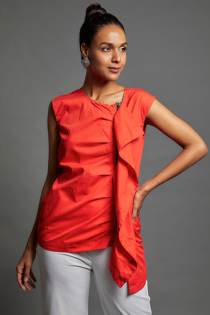 Coral Cotton Blend Frilled Top by ECHKE at Pernia's Pop Up Shop