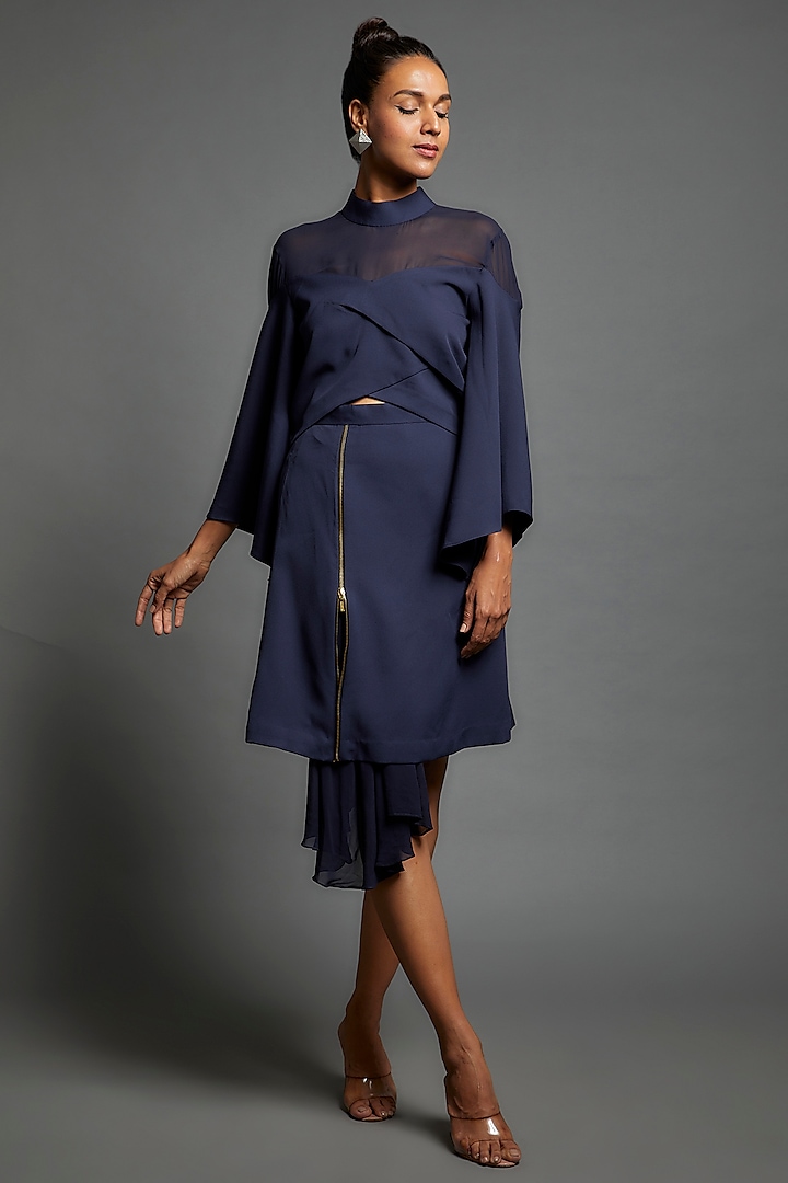 Blue Cotton Blend & Georgette Skirt Set by ECHKE