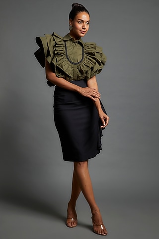 Black Cotton Blend Frilled Skirt by ECHKE