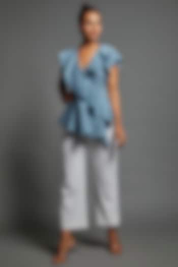 Slate Blue Cotton Blend Ruffled Peplum Top by ECHKE at Pernia's Pop Up Shop