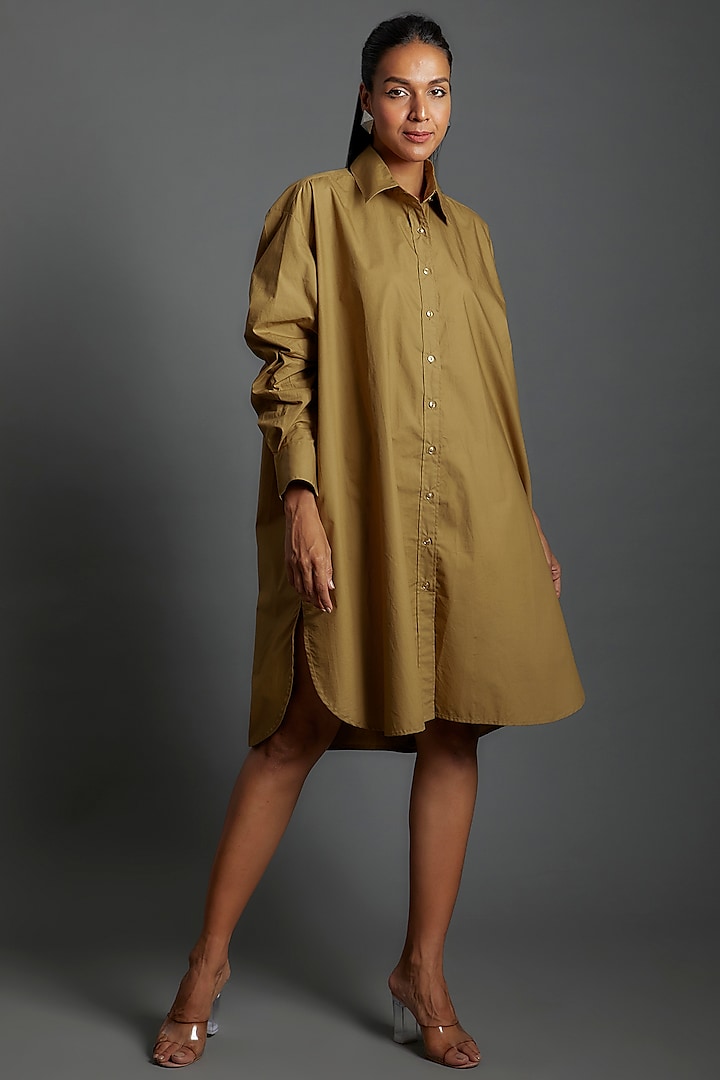 Dark Khaki Cotton Blend Oversized Shirt Dress by ECHKE
