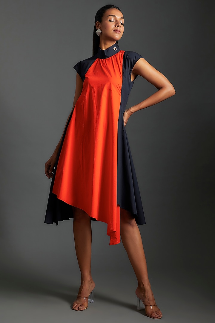 Blue & Orange Cotton Blend Asymmetrical Dress by ECHKE