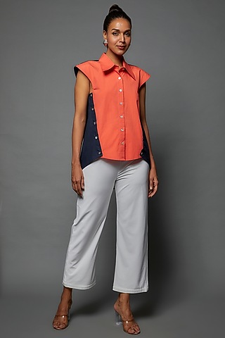 Coral & Navy Blue Cotton Blend Top by ECHKE