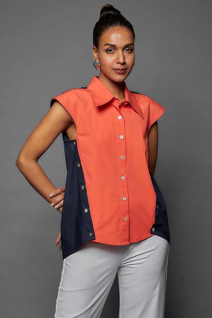 Coral & Navy Blue Cotton Blend Top by ECHKE at Pernia's Pop Up Shop