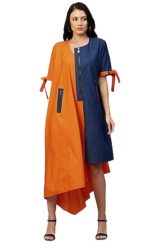 Orange & Denim Blue Poplin Dress by ECHKE