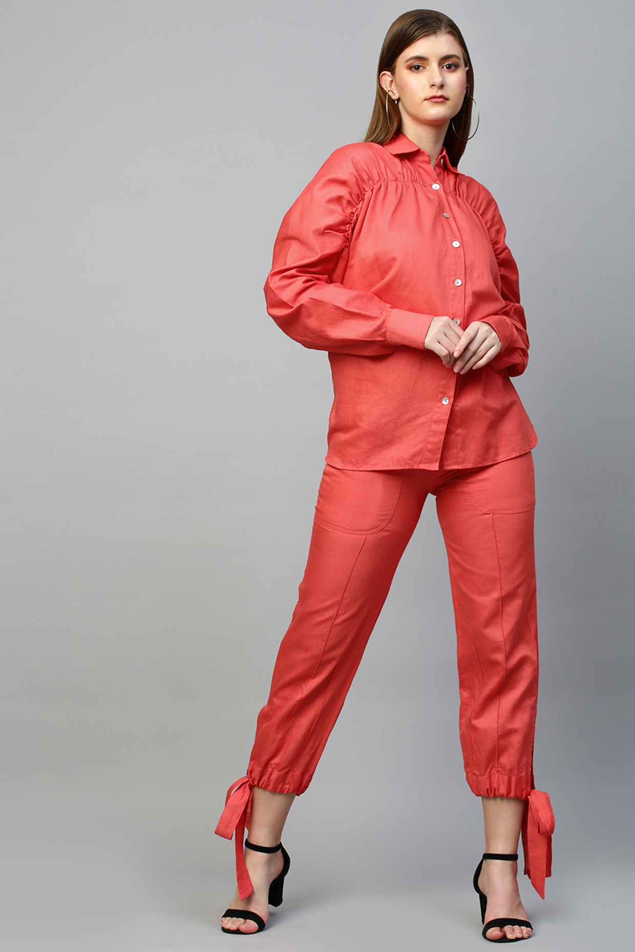 Coral Linen Pant Set by ECHKE at Pernia's Pop Up Shop