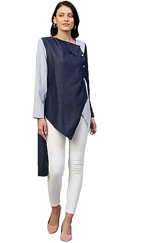 Dark Blue Denim Poplin Shirt by ECHKE