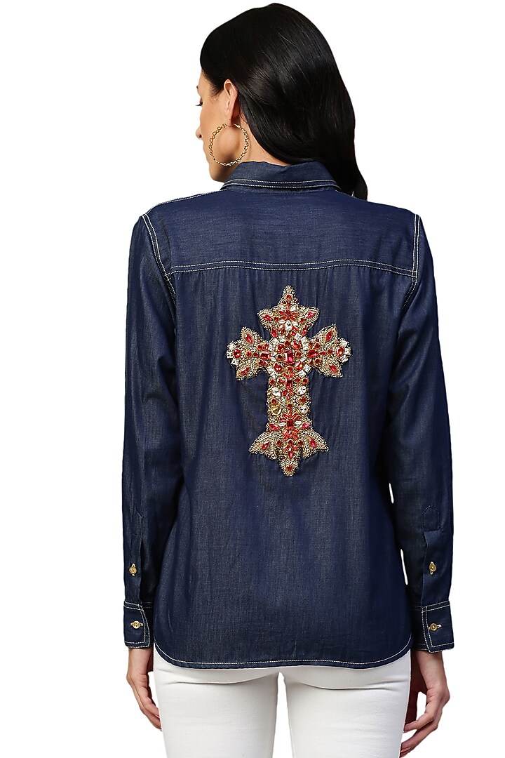 Blue Embellished Shirt by ECHKE at Pernia's Pop Up Shop