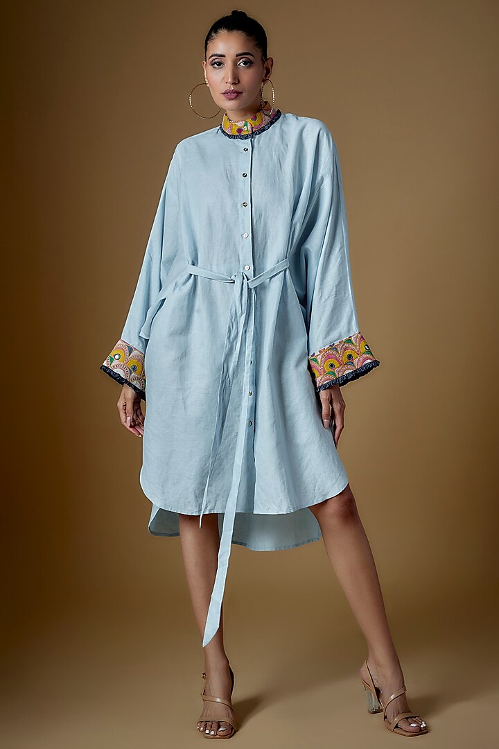 Sky Blue Linen Embroidered Shirt Dress by ECHKE