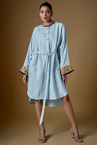 Sky Blue Linen Embroidered Shirt Dress by ECHKE