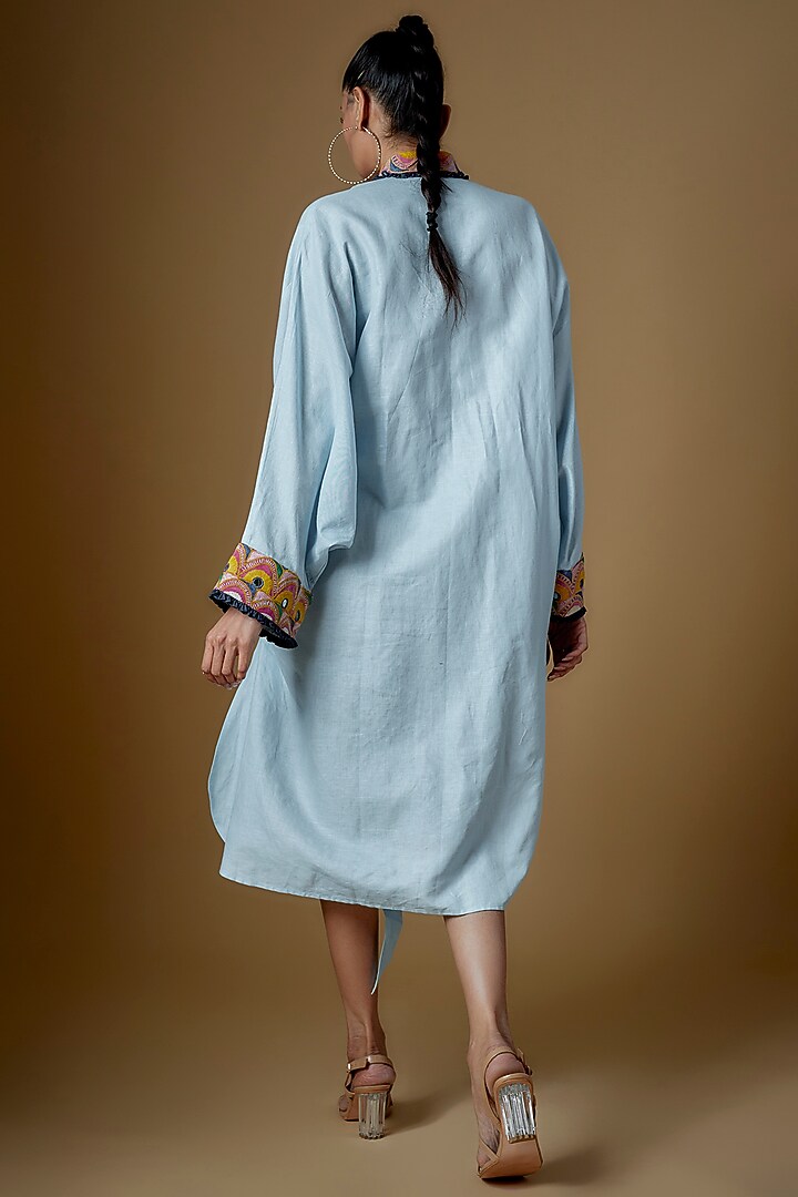 Sky Blue Linen Embroidered Summer Shirt Dress by ECHKE at Pernia's Pop Up Shop