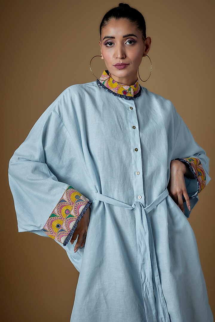 Sky Blue Linen Embroidered Summer Shirt Dress by ECHKE at Pernia's Pop Up Shop