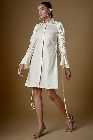 White Cotton Blend Shirt Dress by ECHKE