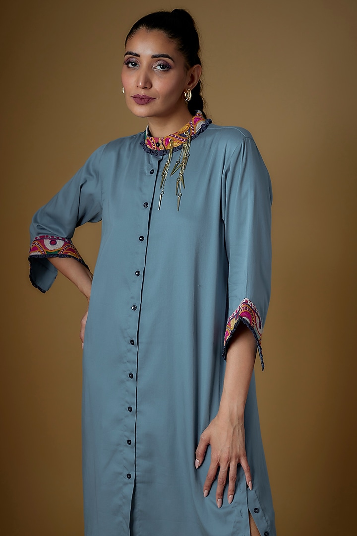 Slate Blue & Denim Cotton Blend Summer Shirt Dress by ECHKE at Pernia's Pop Up Shop
