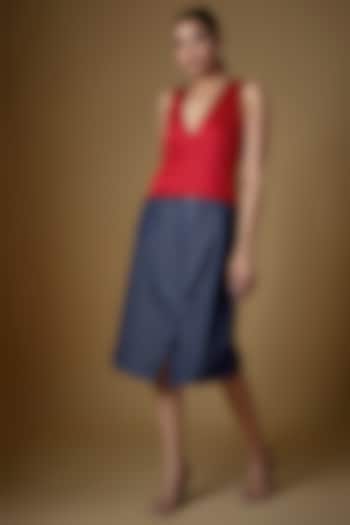 Red & Denim Cotton Blend Zippered Dress by ECHKE