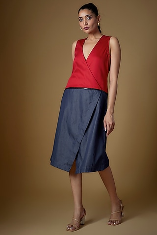 Red & Denim Cotton Blend Zippered Dress by ECHKE