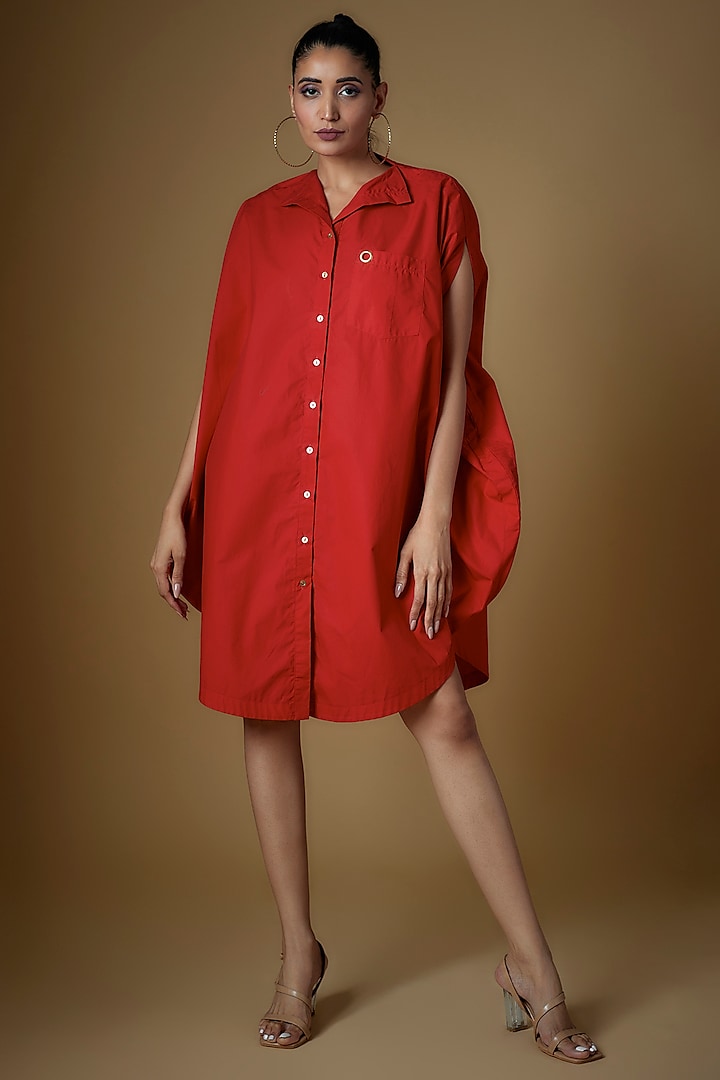 Red Cotton Blend Round Dress by ECHKE