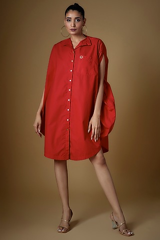 Red Cotton Blend Round Dress by ECHKE