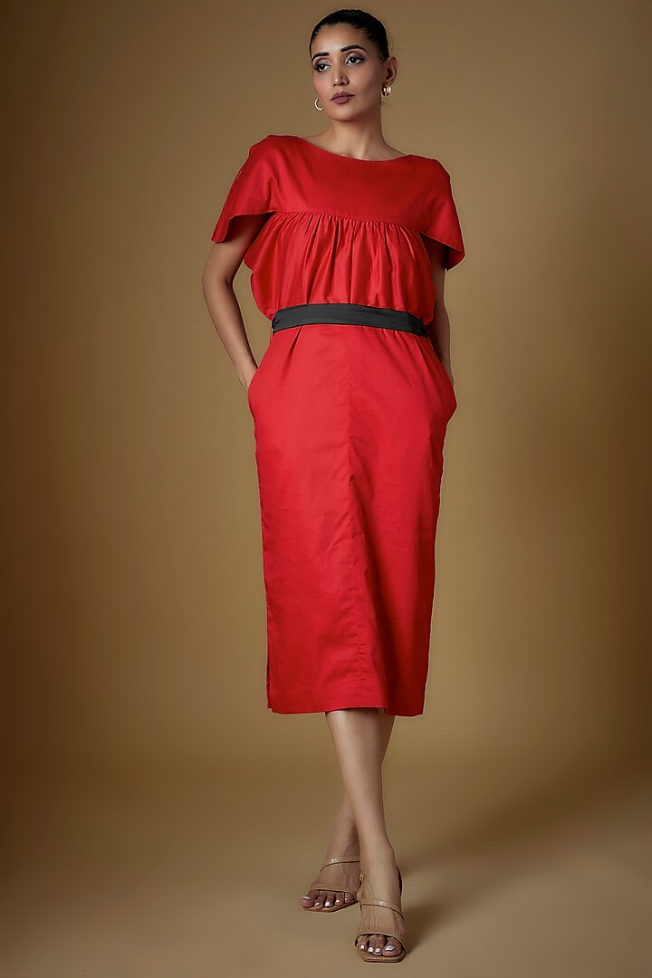 Red & Charcoal Crepe Blend Dress by ECHKE