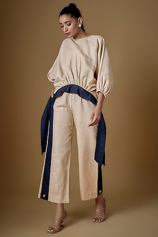 Ecru & Blue Linen Co-Ord Set by ECHKE