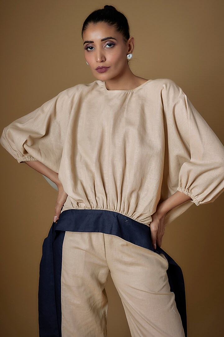 Ecru & Blue Linen Co-Ord Set by ECHKE at Pernia's Pop Up Shop