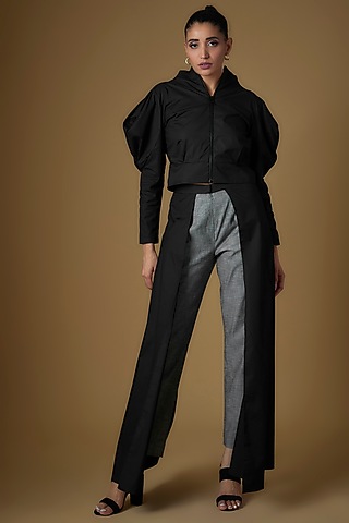 Black & Grey Cotton Blend Pant Set by ECHKE