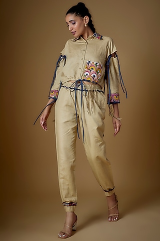 Khaki & Denim Linen Co-Ord Set by ECHKE