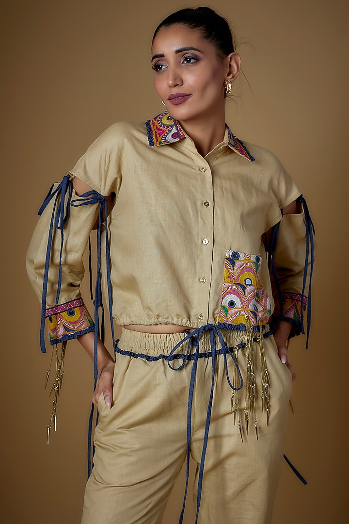 Khaki & Denim Linen Co-Ord Set by ECHKE at Pernia's Pop Up Shop