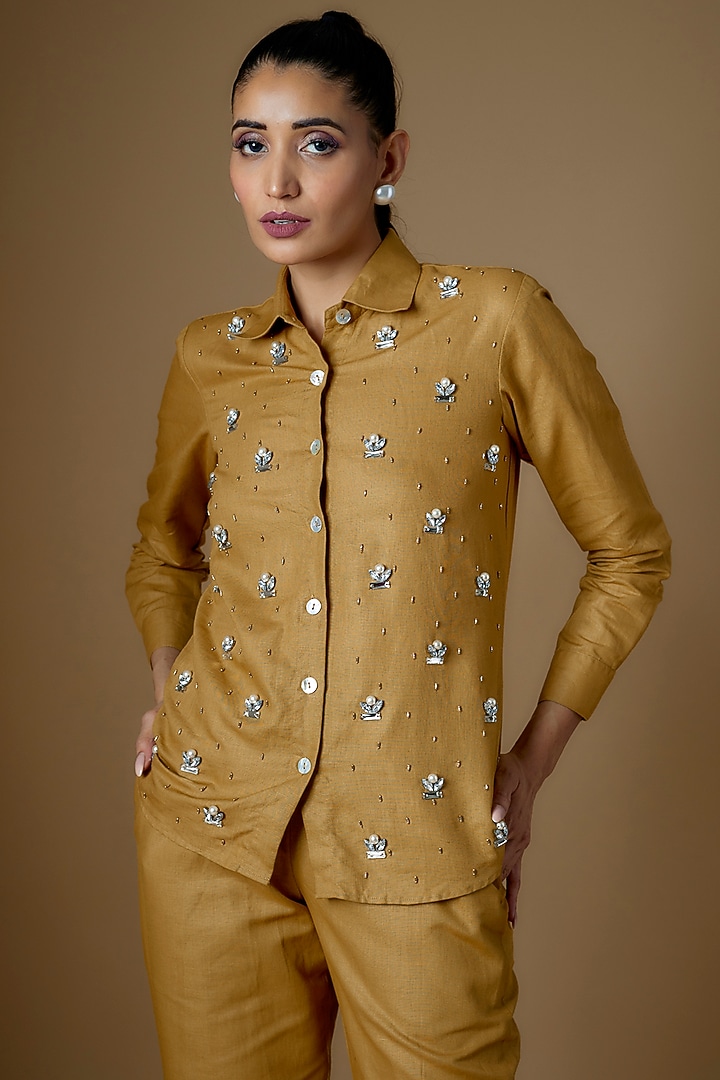 Ochre Yellow Linen Co-Ord Set by ECHKE at Pernia's Pop Up Shop