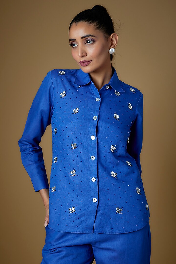 Ink Blue Linen Co-Ord Set by ECHKE at Pernia's Pop Up Shop