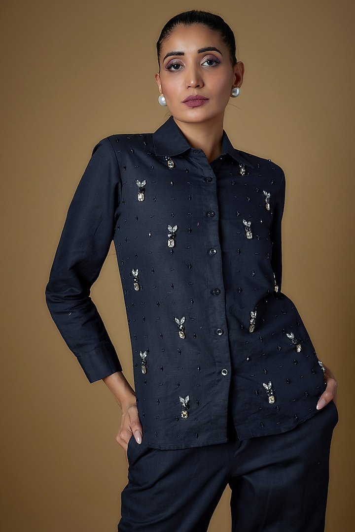 Navy Blue Linen Co-Ord Set by ECHKE at Pernia's Pop Up Shop