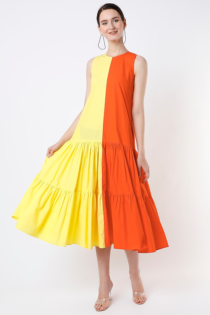 Orange & Yellow Tiered Layered Dress by ECHKE
