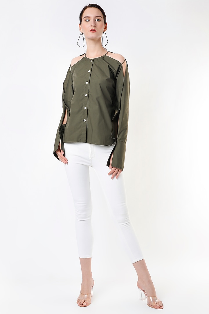 Military Green Cotton Blend Top by ECHKE