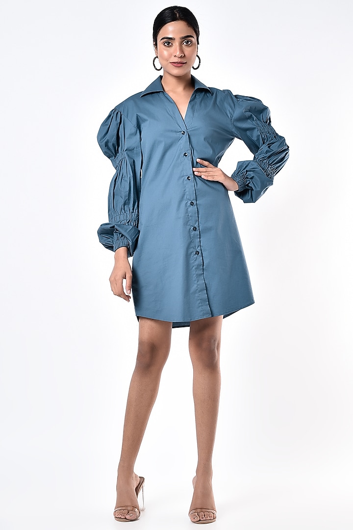 Slate Blue Summer Shirt Dress In Cotton Blend by ECHKE at Pernia's Pop Up Shop