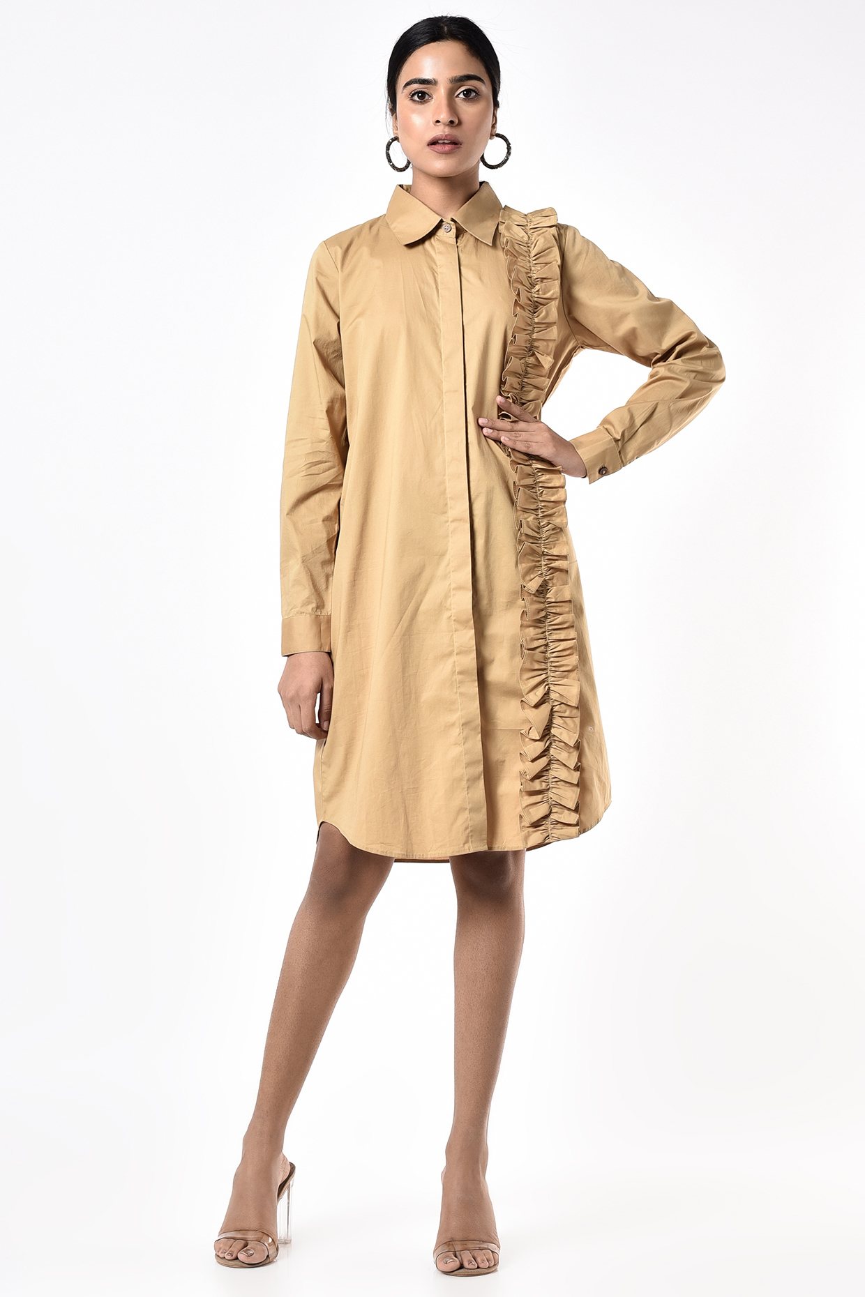 Khaki Ruffled Shirt Dress by ECHKE