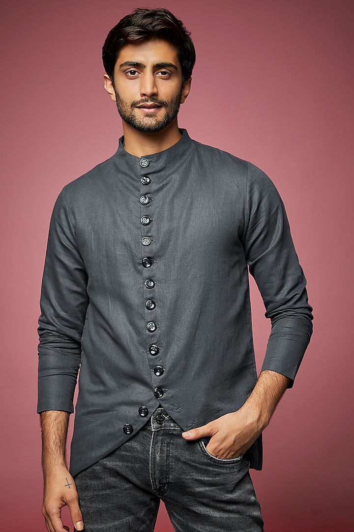 Dark Grey Linen Jacket by ECHKE Men at Pernia's Pop Up Shop