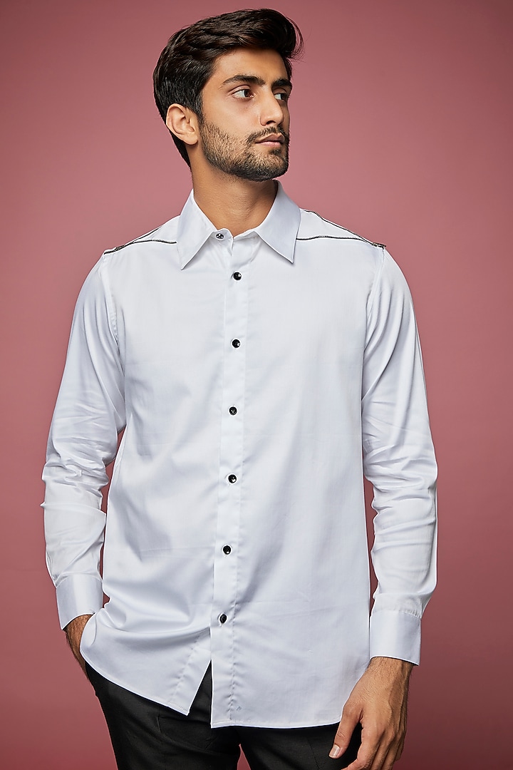 White Cotton Blend Shirt by ECHKE Men