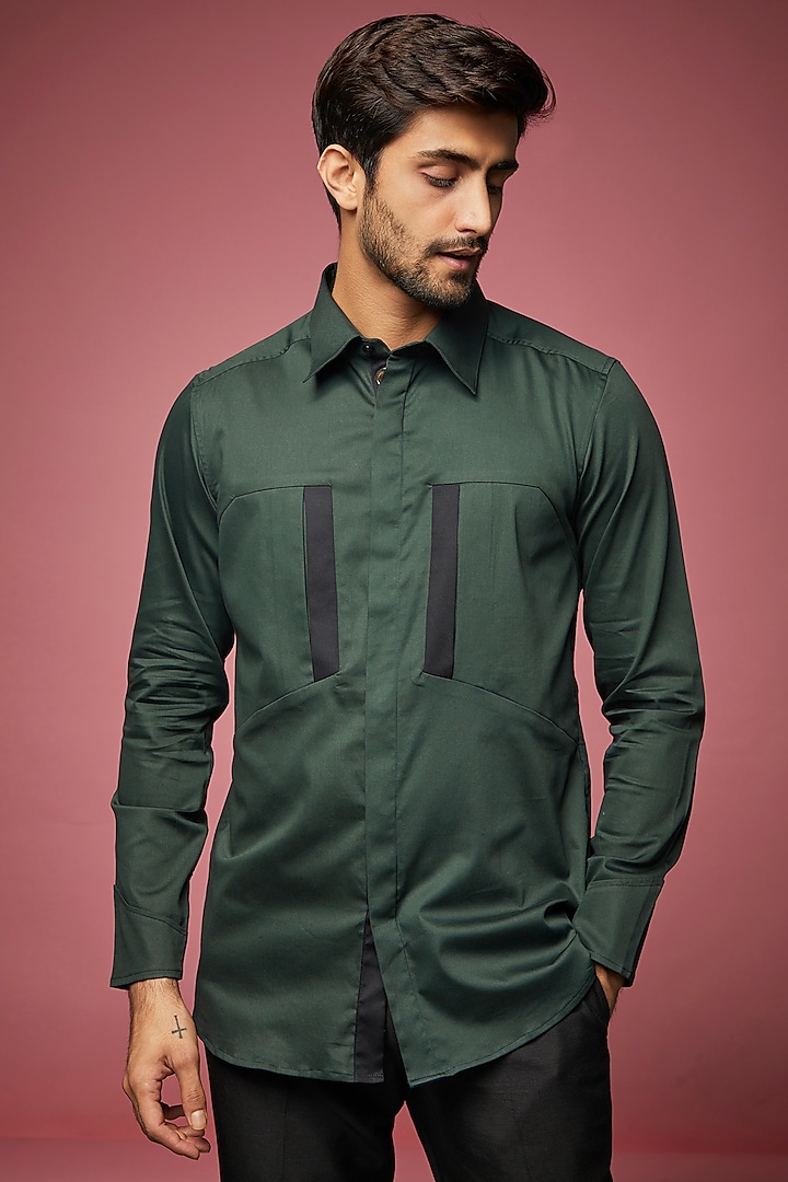 Dark Green Cotton Blend Shirt by ECHKE Men