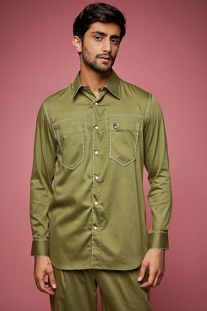 Light Green Cotton Blend Shirt by ECHKE Men