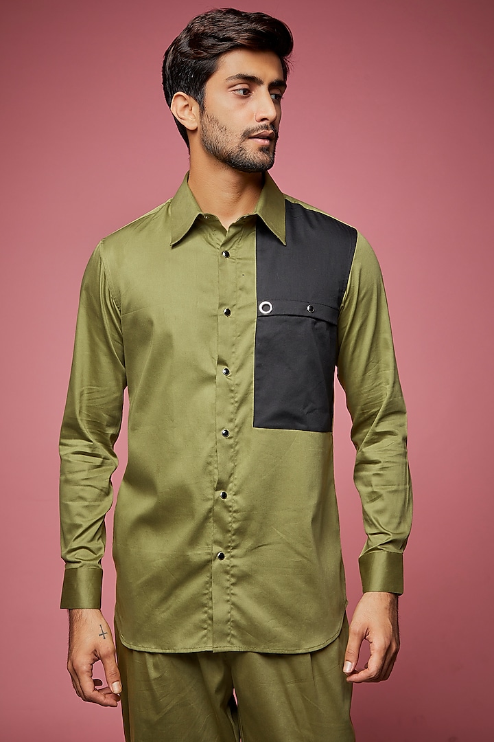 Moss Green Cotton Blend Shirt by ECHKE Men