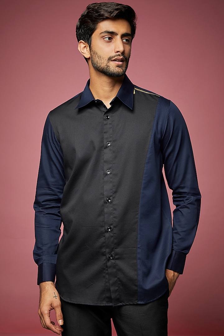 Blue & Black Cotton Blend Shirt by ECHKE Men