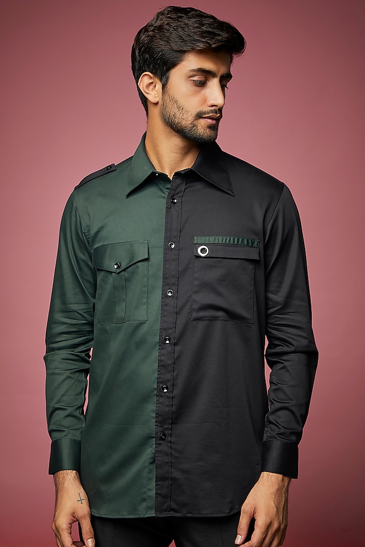 Black & Green Cotton Blend Shirt by ECHKE Men