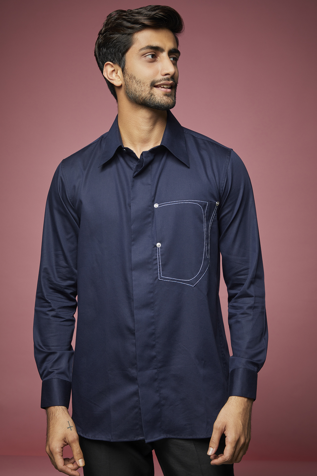 Navy Blue Cotton Blend Shirt by ECHKE Men