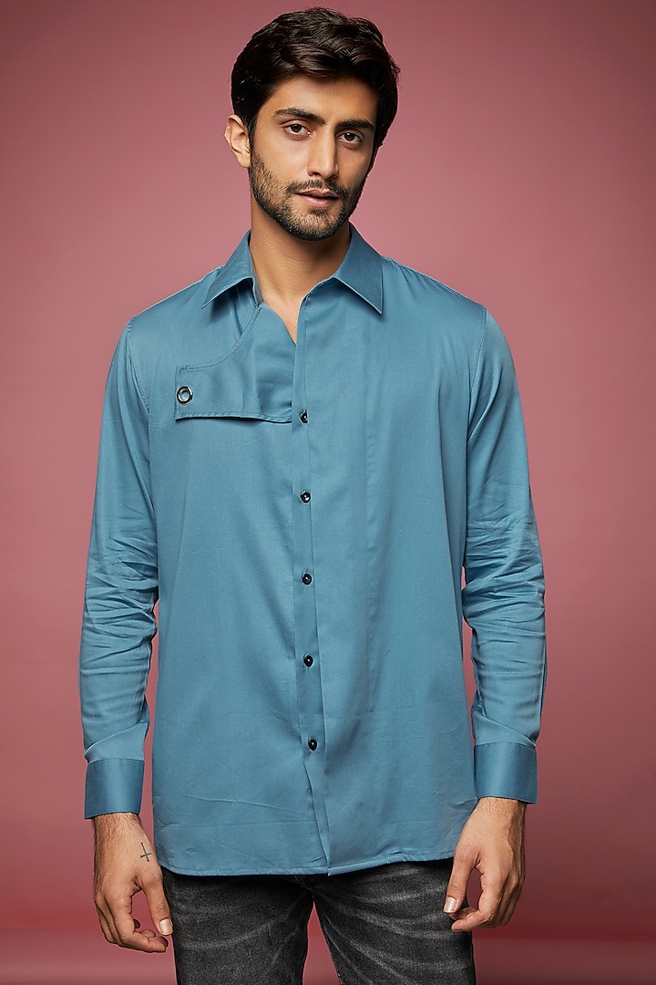 Slate Blue Cotton Blend Shirt by ECHKE Men