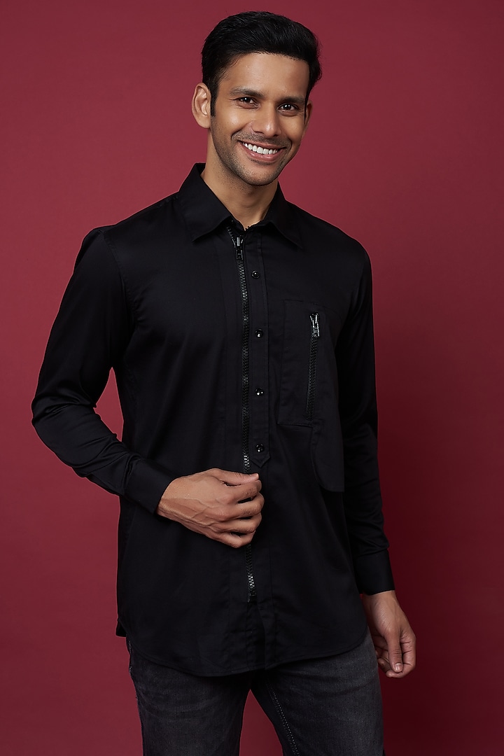 Black Cotton Blend Shirt by ECHKE Men