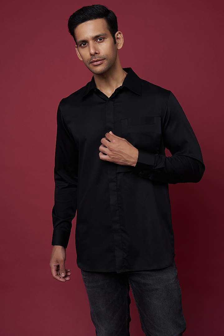 Black Cotton Blend Shirt by ECHKE Men