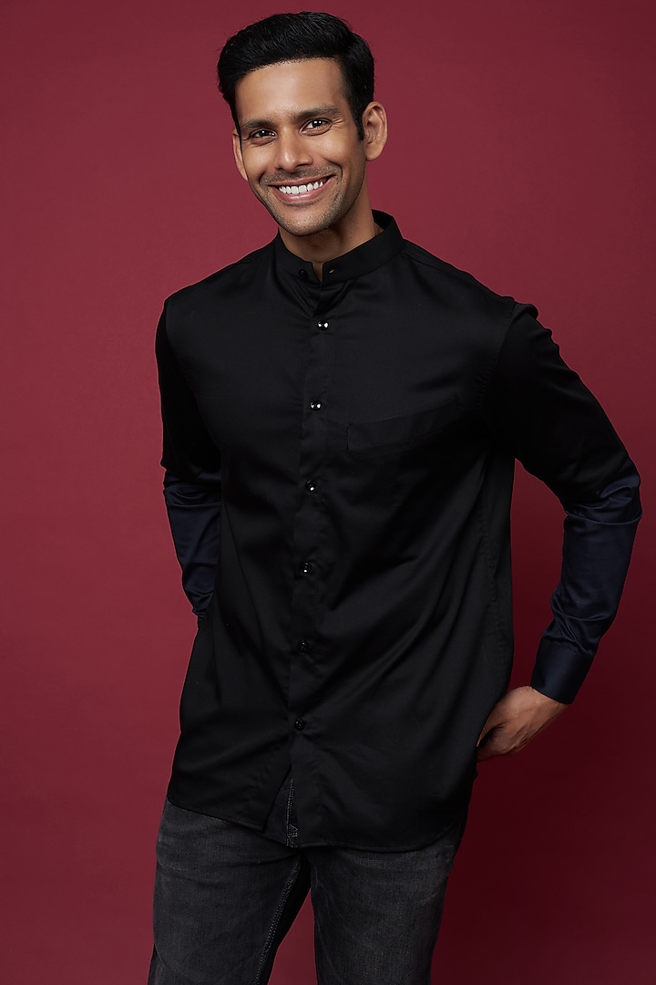 Black Cotton Blend Quilted Shirt by ECHKE Men