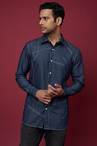 Blue Cotton Denim Shirt by ECHKE Men