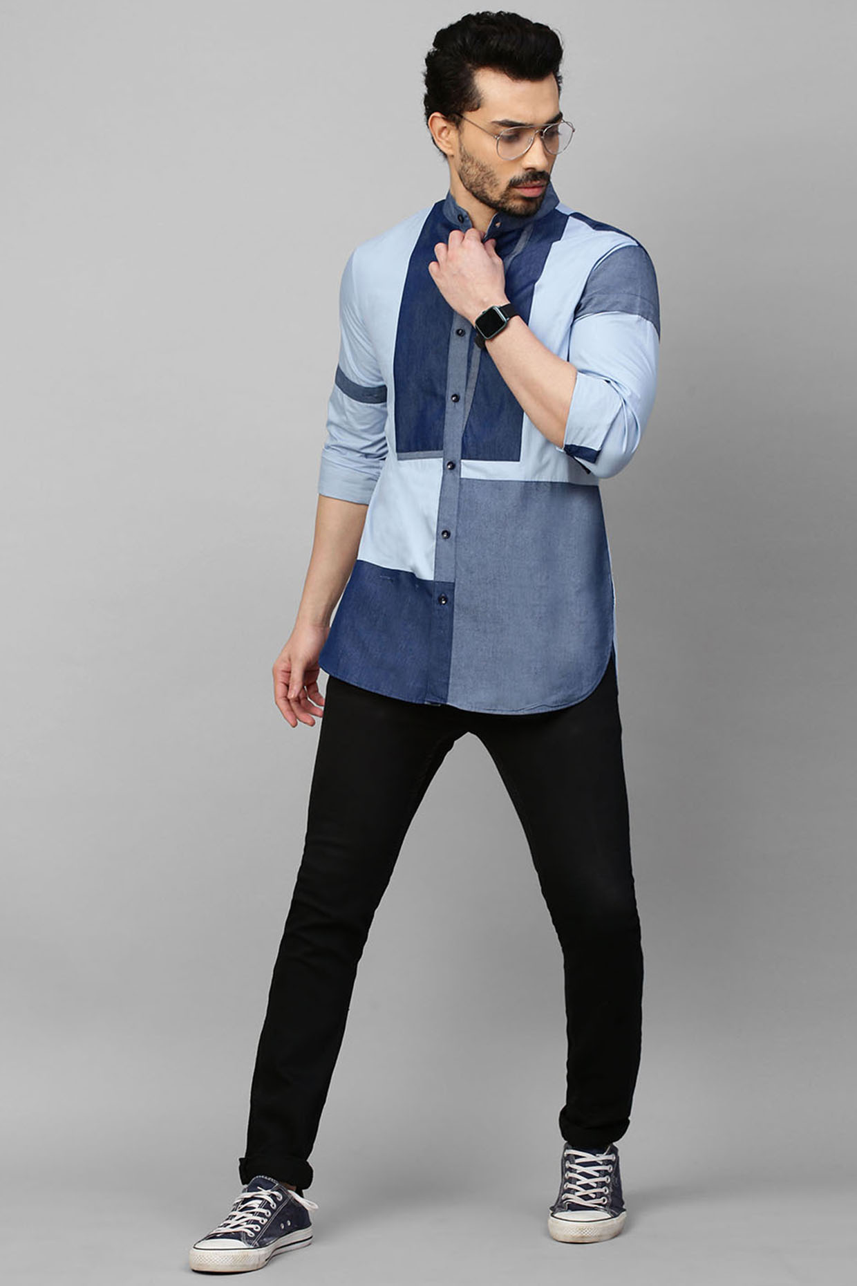 Blue Cotton Blend Shirt With Denim Patchwork by ECHKE Men