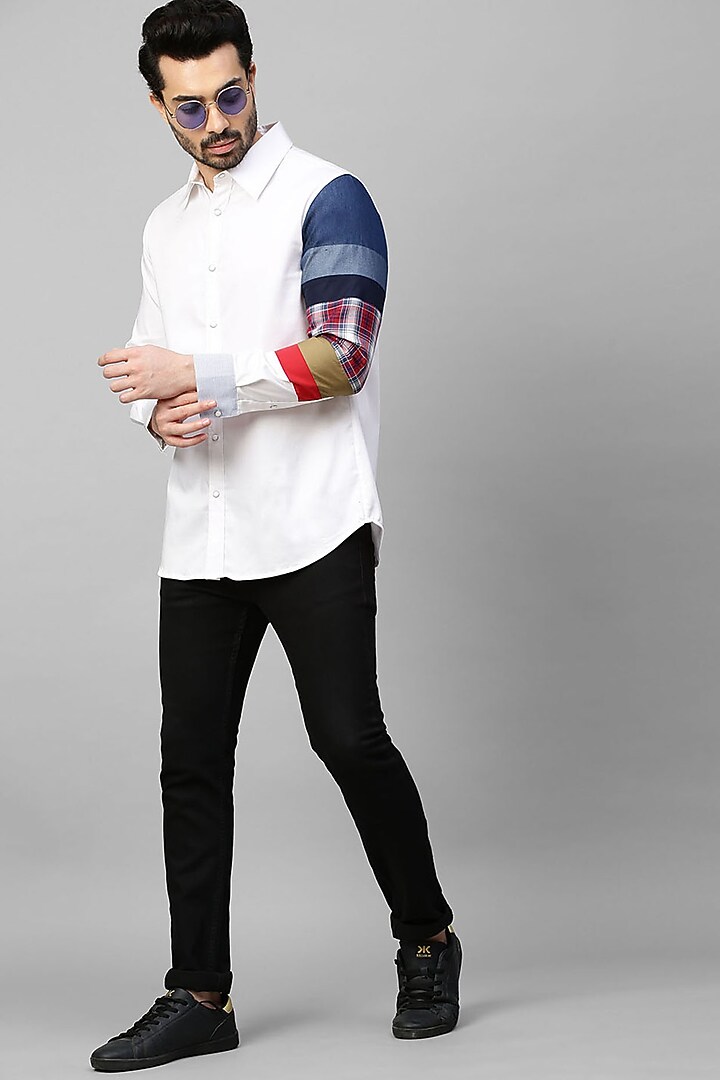 White Cotton Blend Party Wear Shirt With Patchwork by ECHKE Men at Pernia's Pop Up Shop